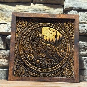 Botanical Wolf Wood Engraving – 10x10 Shadow Box Frame Rustic Wall Art